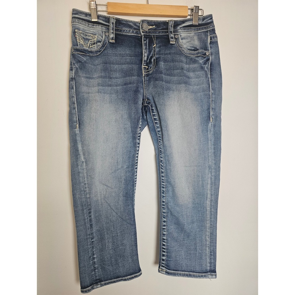 [Y2K Boho] Vigoss Capri Jeans Womens 6 Blue Embroidered Thick Stitch Stretch